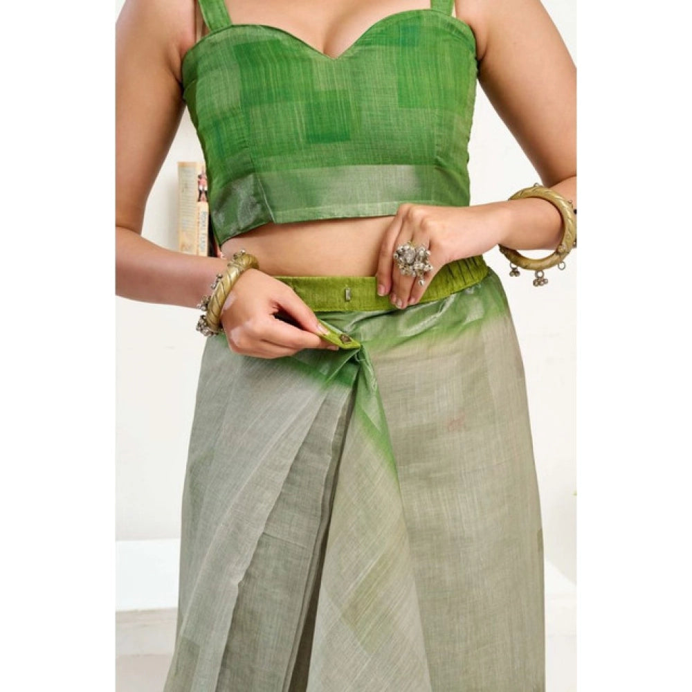 Women's Faux Linen Printed Ready to wear Saree With Unstitched Blouse 5.5Mtr (Light_Green) - VANSHELLE