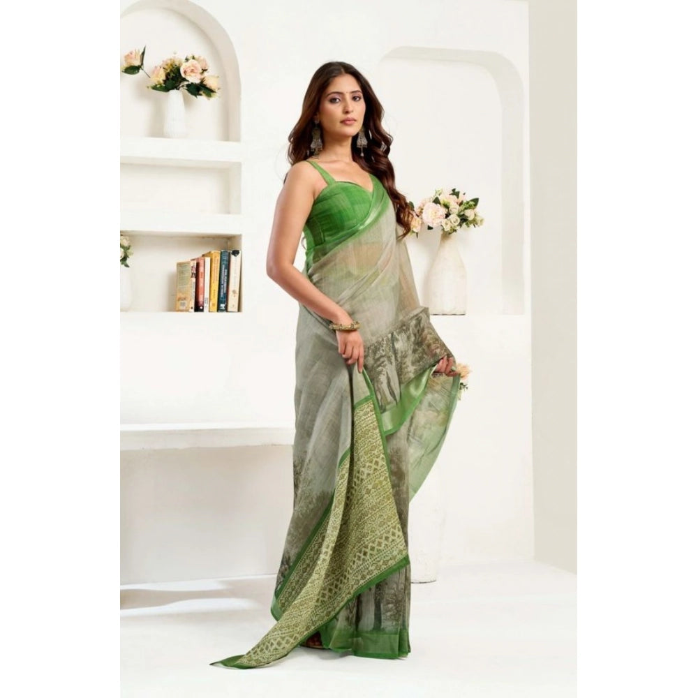 Women's Faux Linen Printed Ready to wear Saree With Unstitched Blouse 5.5Mtr (Light_Green) - VANSHELLE