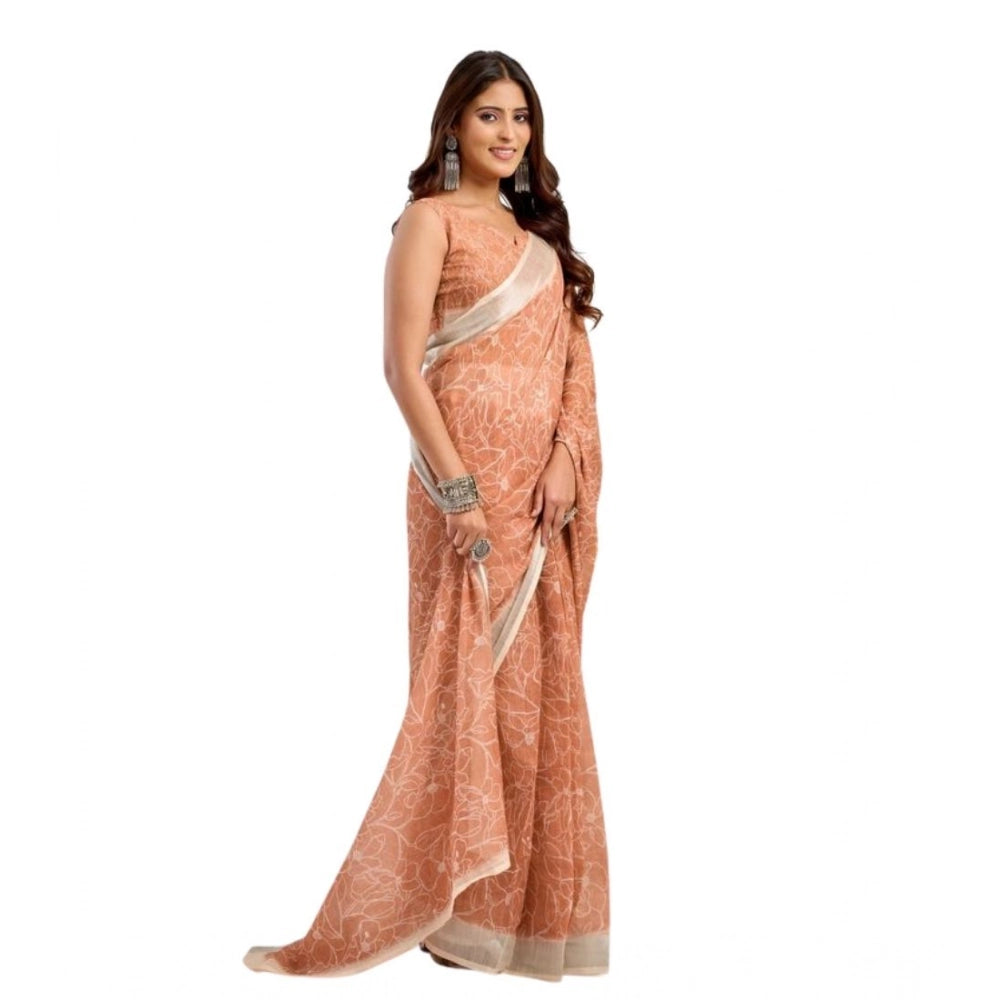 Women's Faux Linen Floral Print Ready to wear Saree With Unstitched Blouse 5.5Mtr (Peach) - VANSHELLE