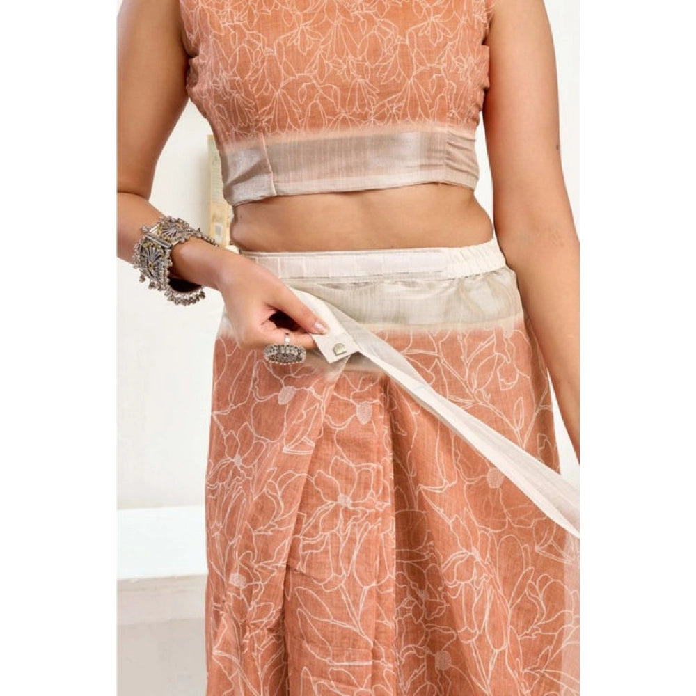 Women's Faux Linen Floral Print Ready to wear Saree With Unstitched Blouse 5.5Mtr (Peach) - VANSHELLE