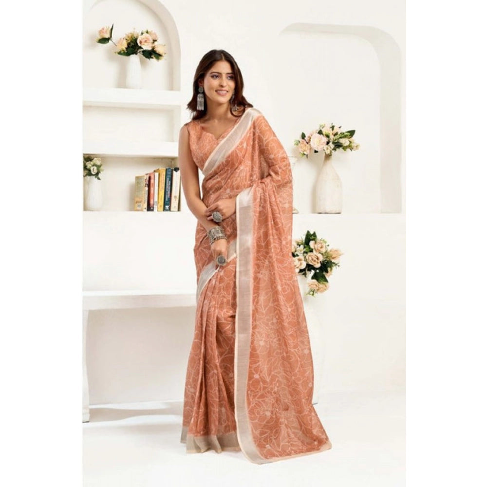 Women's Faux Linen Floral Print Ready to wear Saree With Unstitched Blouse 5.5Mtr (Peach) - VANSHELLE