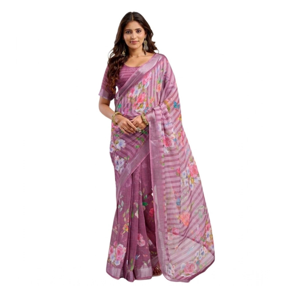 Women's Faux Linen Floral Print Ready to wear Saree With Unstitched Blouse 5.5Mtr (Pink) - VANSHELLE