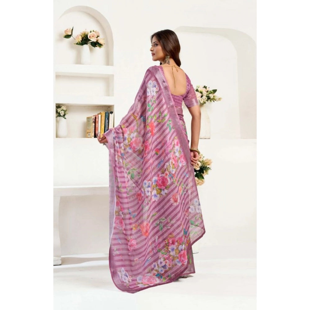 Women's Faux Linen Floral Print Ready to wear Saree With Unstitched Blouse 5.5Mtr (Pink) - VANSHELLE