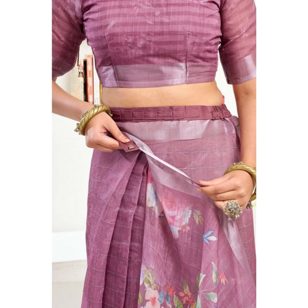 Women's Faux Linen Floral Print Ready to wear Saree With Unstitched Blouse 5.5Mtr (Pink) - VANSHELLE