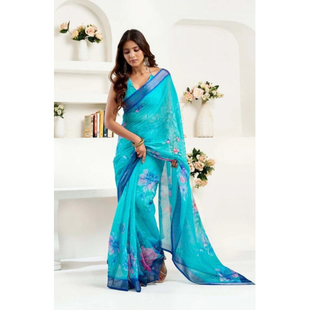Women's Faux Linen Floral Print Ready to wear Saree With Unstitched Blouse 5.5Mtr (Light_AquaBlue) - VANSHELLE