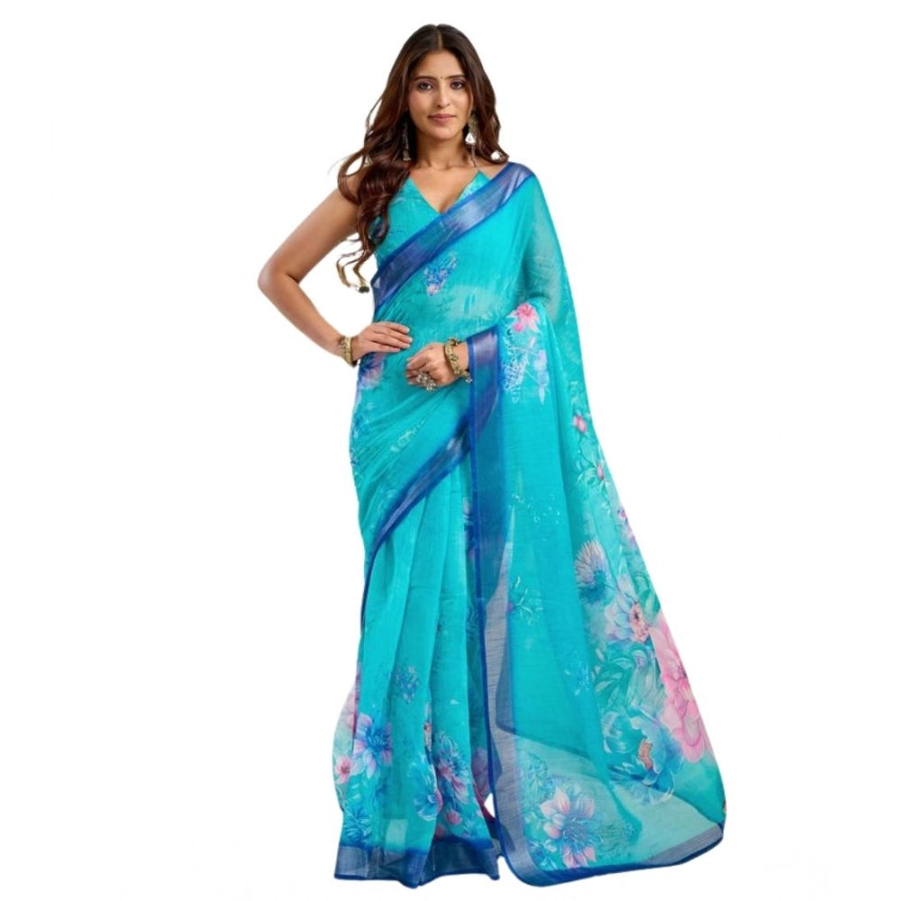 Women's Faux Linen Floral Print Ready to wear Saree With Unstitched Blouse 5.5Mtr (Light_AquaBlue) - VANSHELLE