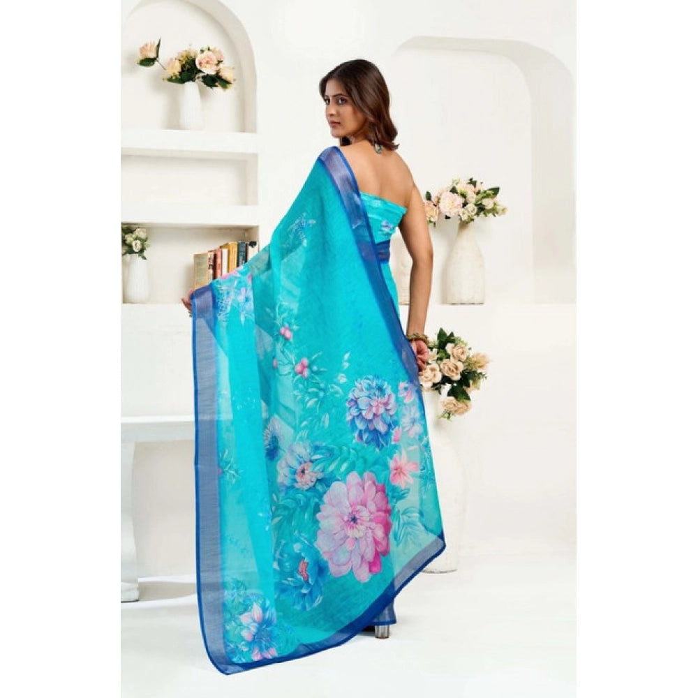 Women's Faux Linen Floral Print Ready to wear Saree With Unstitched Blouse 5.5Mtr (Light_AquaBlue) - VANSHELLE