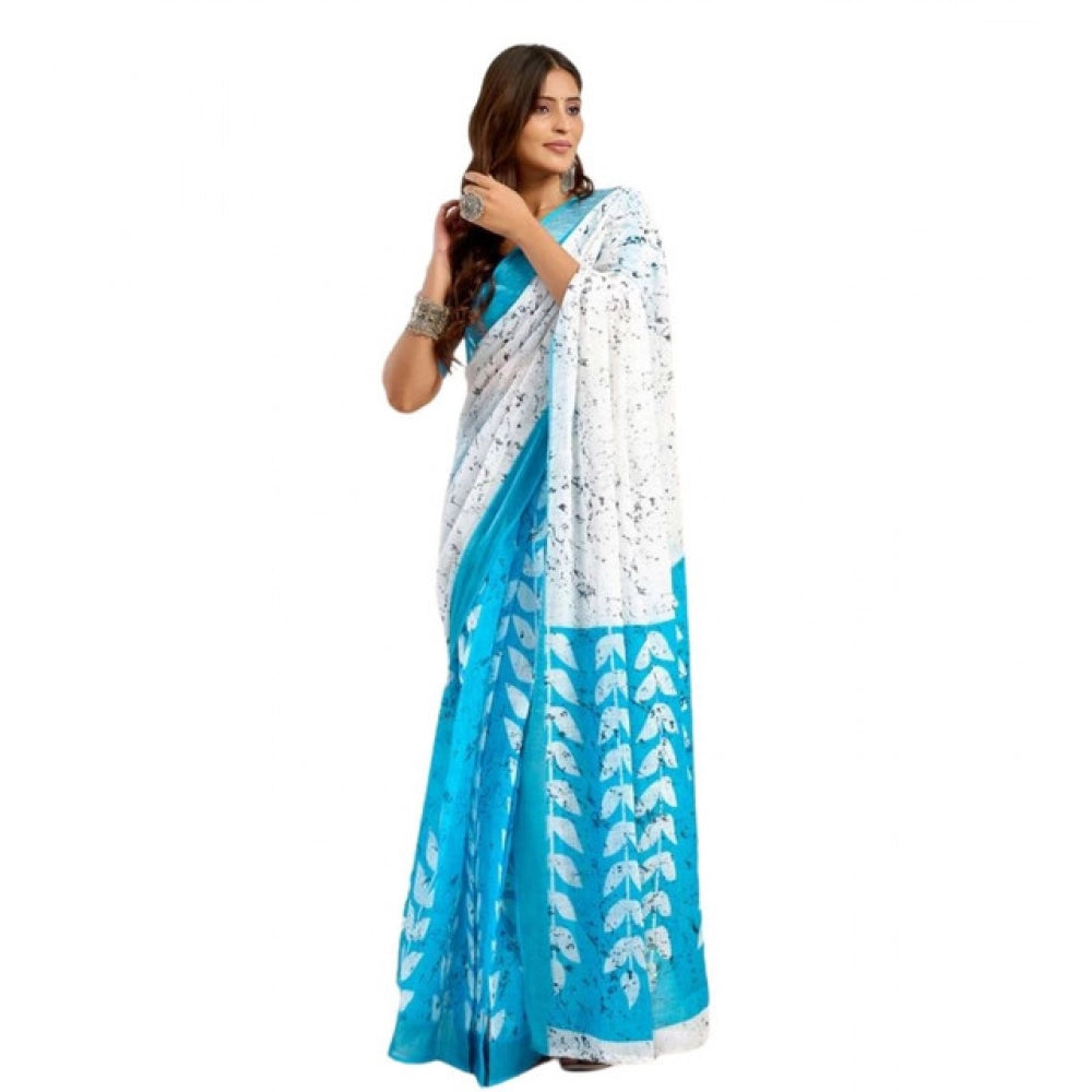 Women's Faux Linen Leaf Print Ready to wear Saree With Unstitched Blouse 5.5Mtr (SkyBlue &amp; White) - VANSHELLE