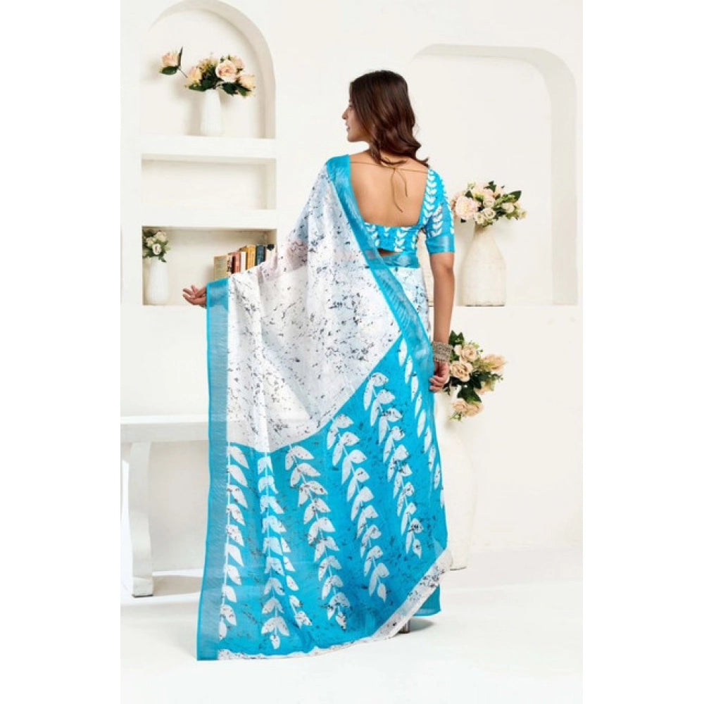 Women's Faux Linen Leaf Print Ready to wear Saree With Unstitched Blouse 5.5Mtr (SkyBlue &amp; White) - VANSHELLE