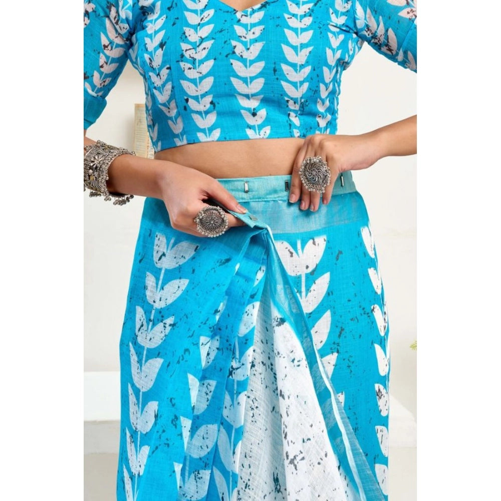 Women's Faux Linen Leaf Print Ready to wear Saree With Unstitched Blouse 5.5Mtr (SkyBlue &amp; White) - VANSHELLE