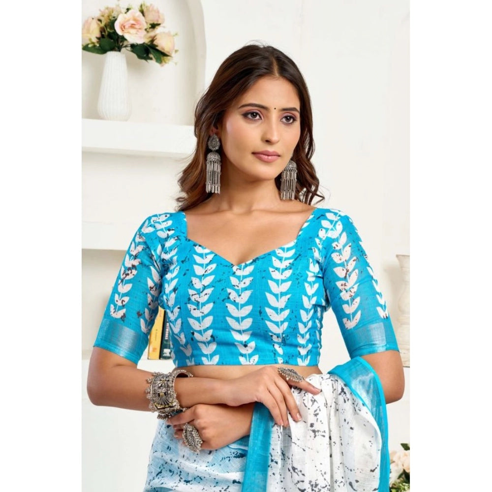 Women's Faux Linen Leaf Print Ready to wear Saree With Unstitched Blouse 5.5Mtr (SkyBlue &amp; White) - VANSHELLE