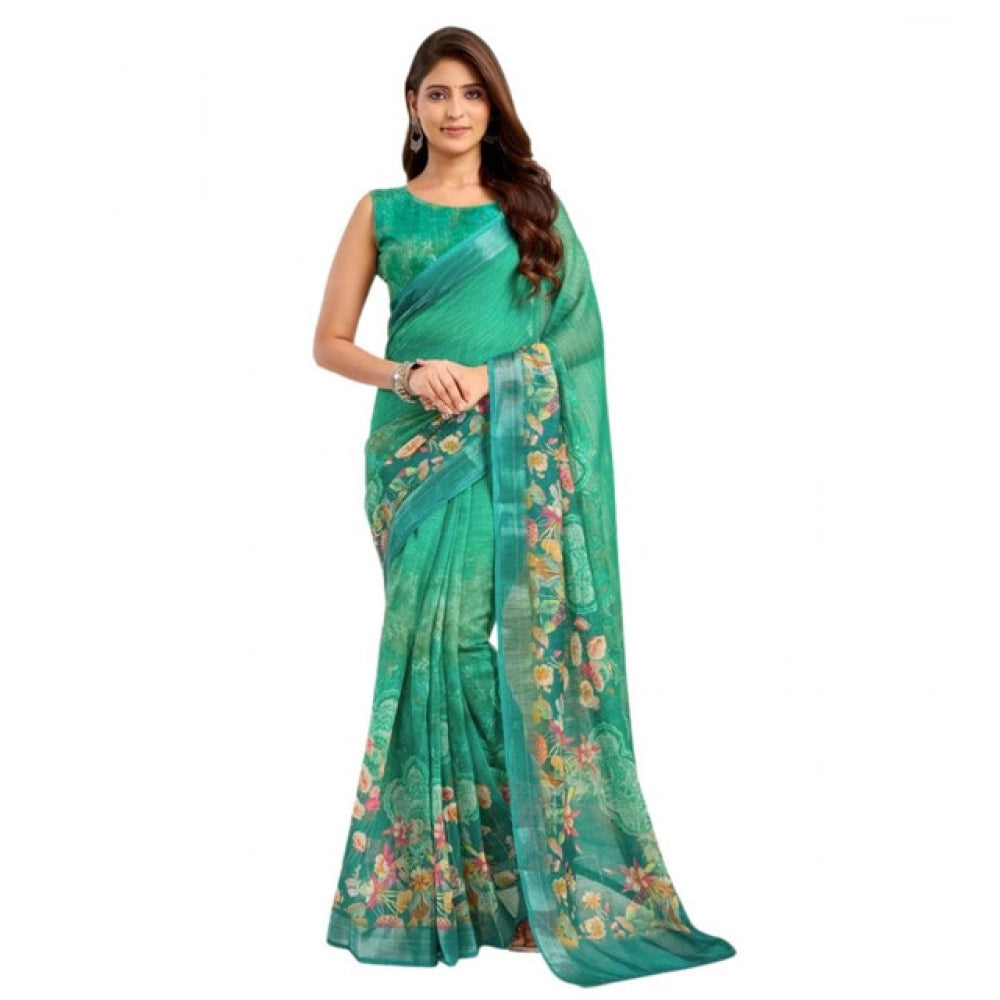 Women's Faux Linen Floral Ready to wear Saree With Unstitched Blouse 5.5Mtr (Green) - VANSHELLE