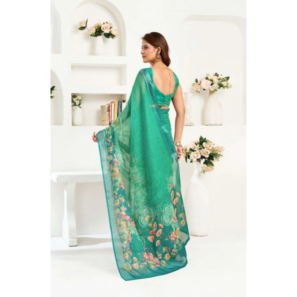 Women's Faux Linen Floral Ready to wear Saree With Unstitched Blouse 5.5Mtr (Green) - VANSHELLE