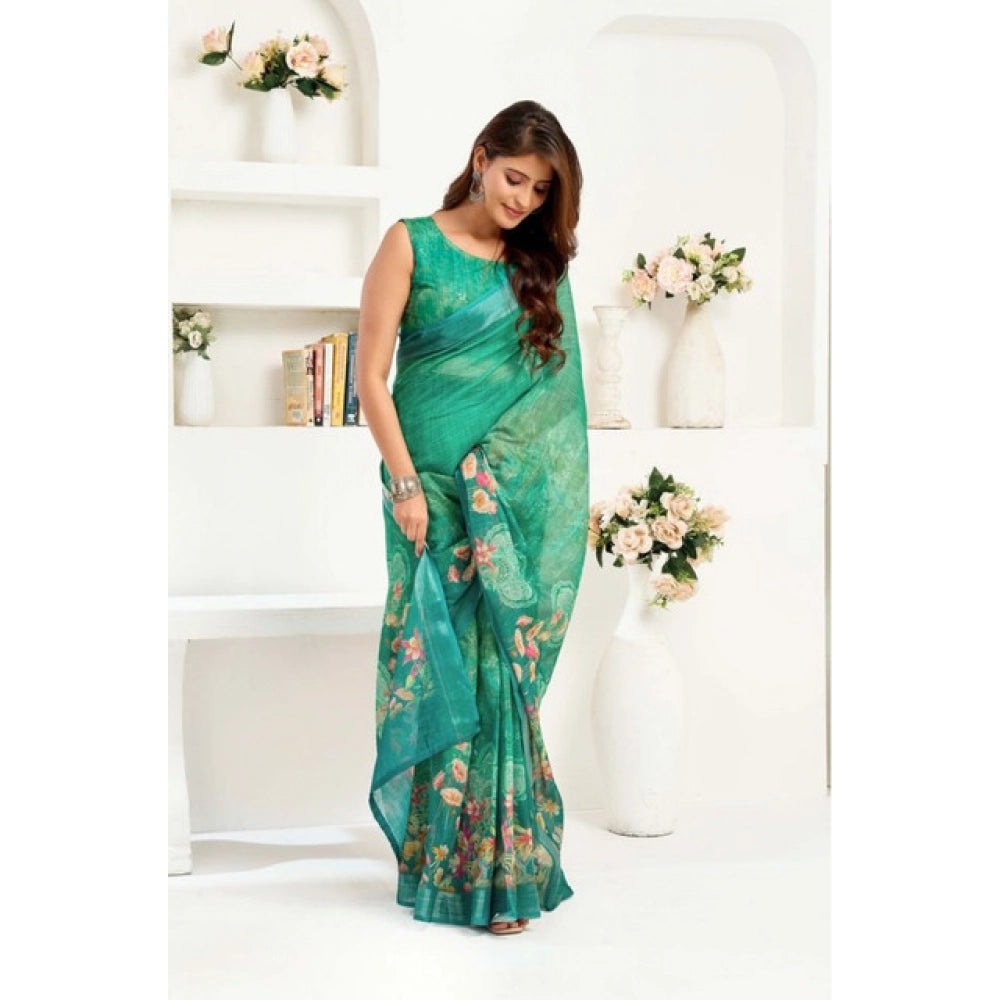 Women's Faux Linen Floral Ready to wear Saree With Unstitched Blouse 5.5Mtr (Green) - VANSHELLE