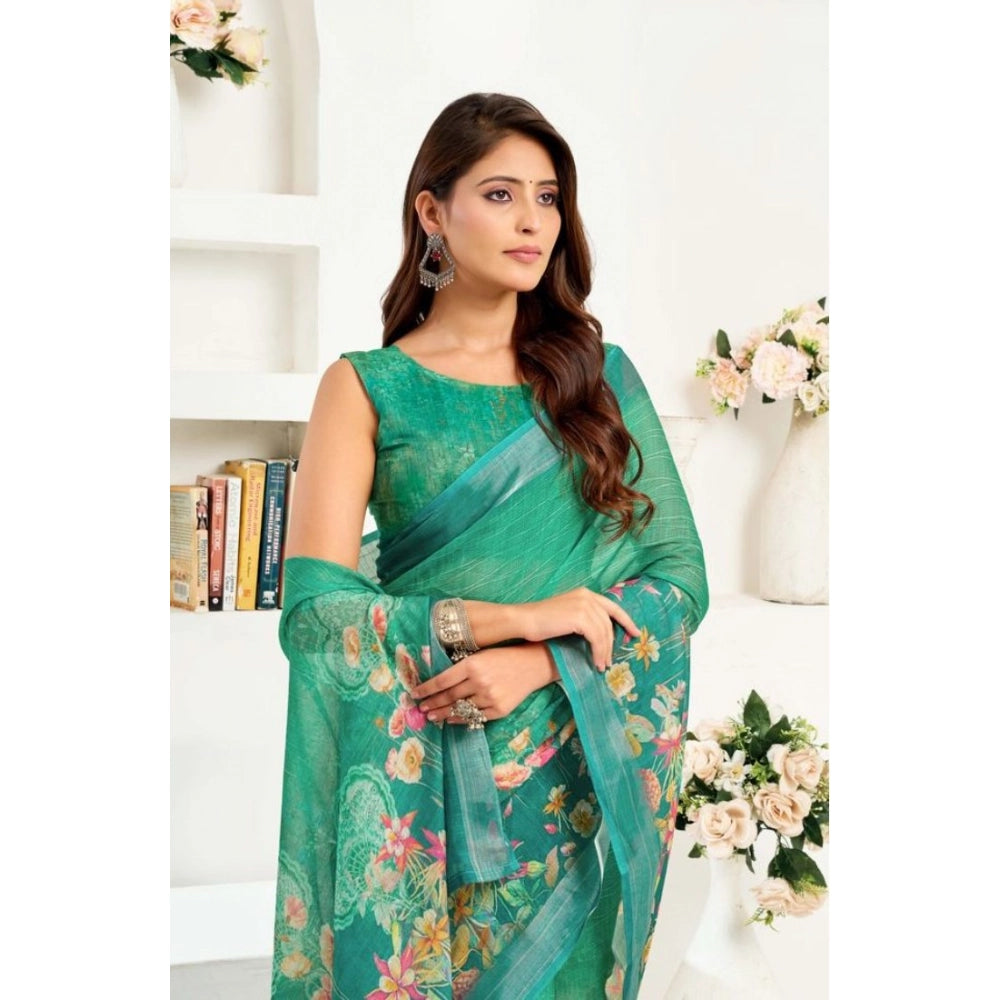 Women's Faux Linen Floral Ready to wear Saree With Unstitched Blouse 5.5Mtr (Green) - VANSHELLE
