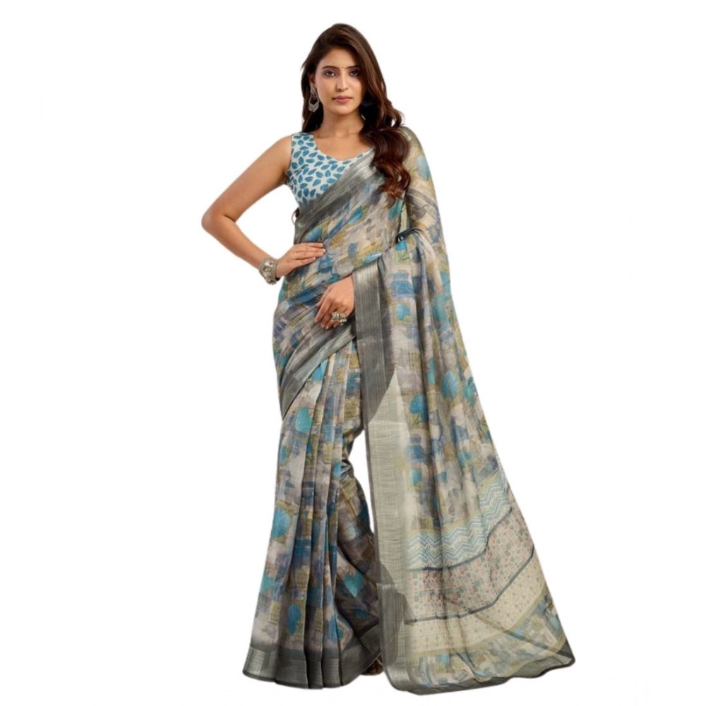 Women's Faux Linen Abstract Print Ready to wear Saree With Unstitched Blouse 5.5Mtr (Grey) - VANSHELLE