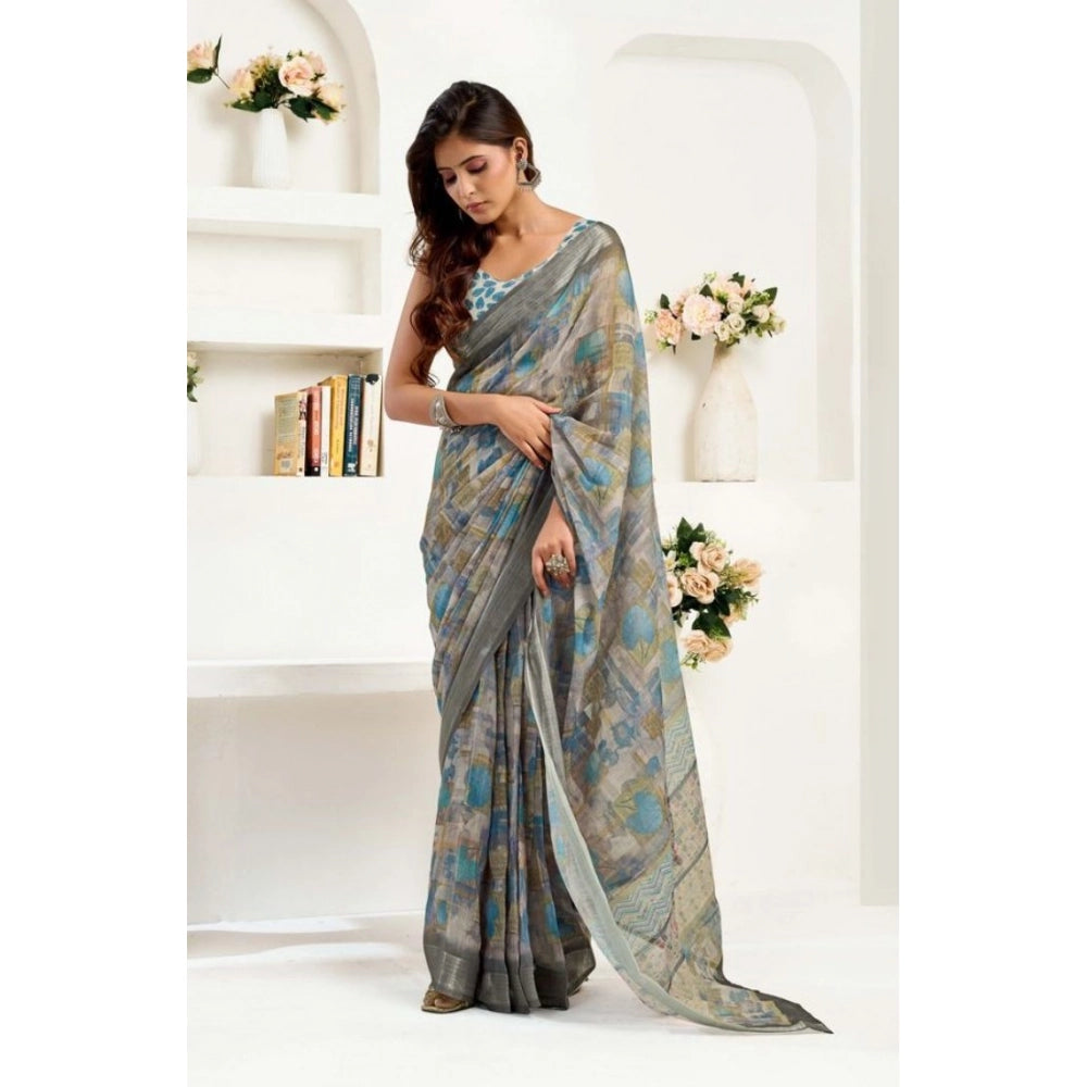 Women's Faux Linen Abstract Print Ready to wear Saree With Unstitched Blouse 5.5Mtr (Grey) - VANSHELLE
