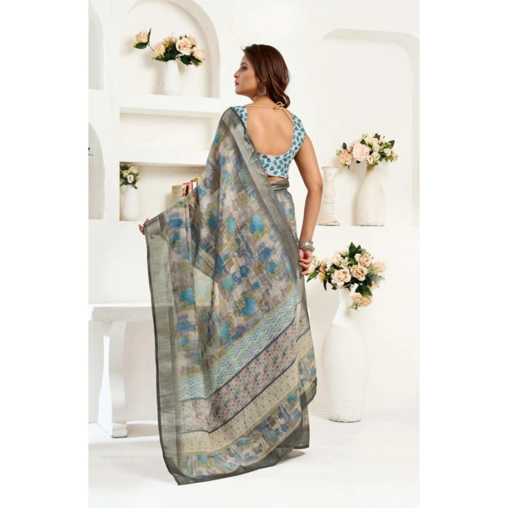 Women's Faux Linen Abstract Print Ready to wear Saree With Unstitched Blouse 5.5Mtr (Grey) - VANSHELLE