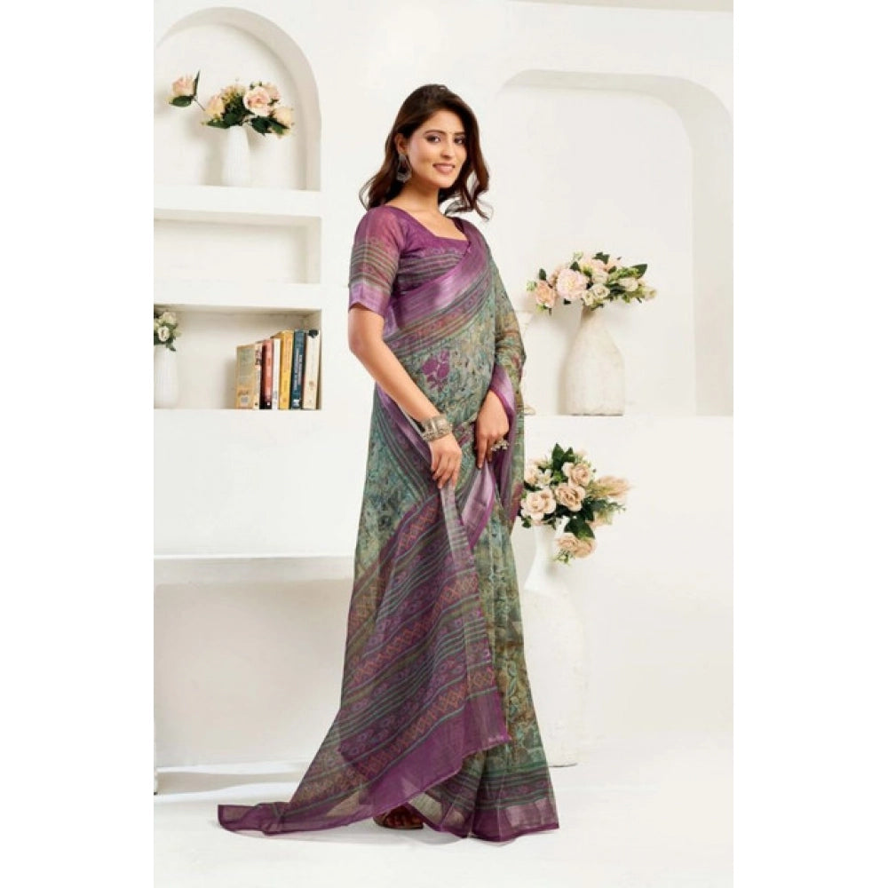 Women's Faux Linen Printed Ready to wear Saree With Unstitched Blouse 5.5Mtr (Multicolor) - VANSHELLE
