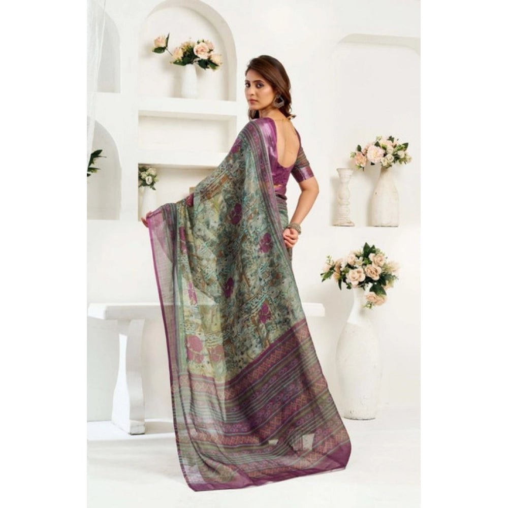 Women's Faux Linen Printed Ready to wear Saree With Unstitched Blouse 5.5Mtr (Multicolor) - VANSHELLE