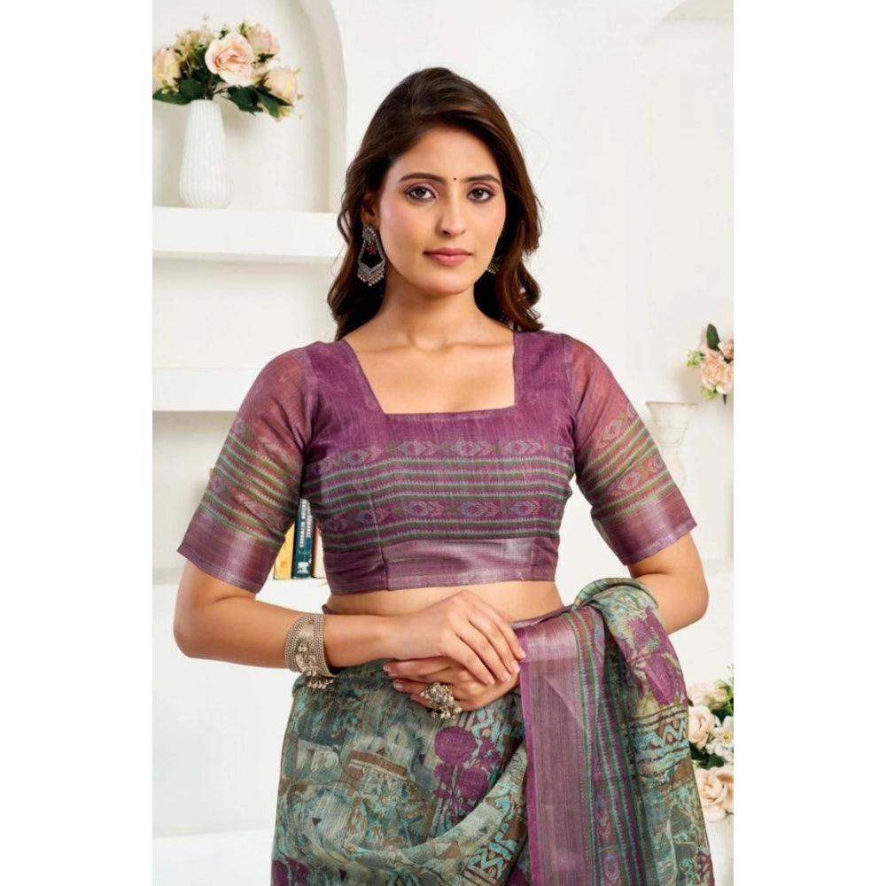 Women's Faux Linen Printed Ready to wear Saree With Unstitched Blouse 5.5Mtr (Multicolor) - VANSHELLE