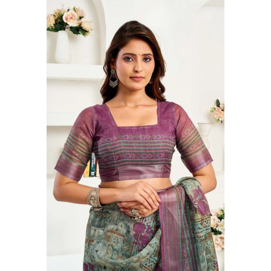 Women's Faux Linen Printed Ready to wear Saree With Unstitched Blouse 5.5Mtr (Multicolor) - VANSHELLE