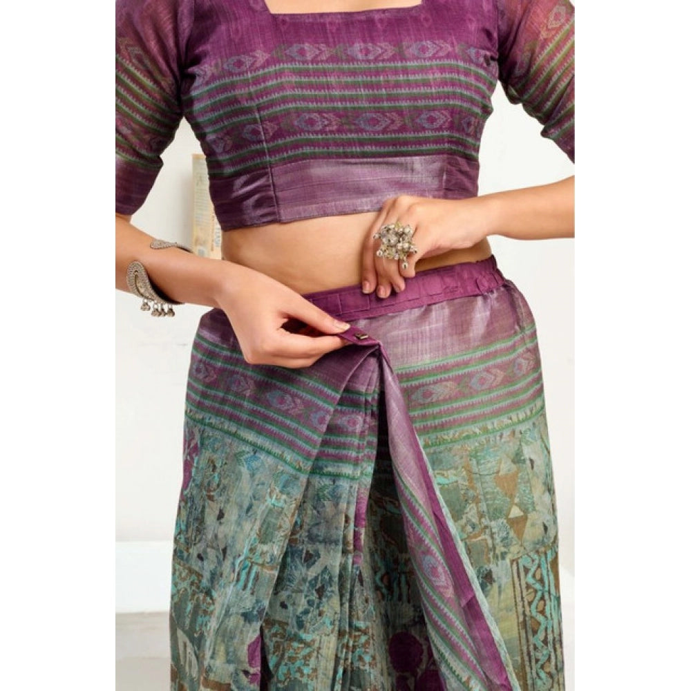 Women's Faux Linen Printed Ready to wear Saree With Unstitched Blouse 5.5Mtr (Multicolor) - VANSHELLE