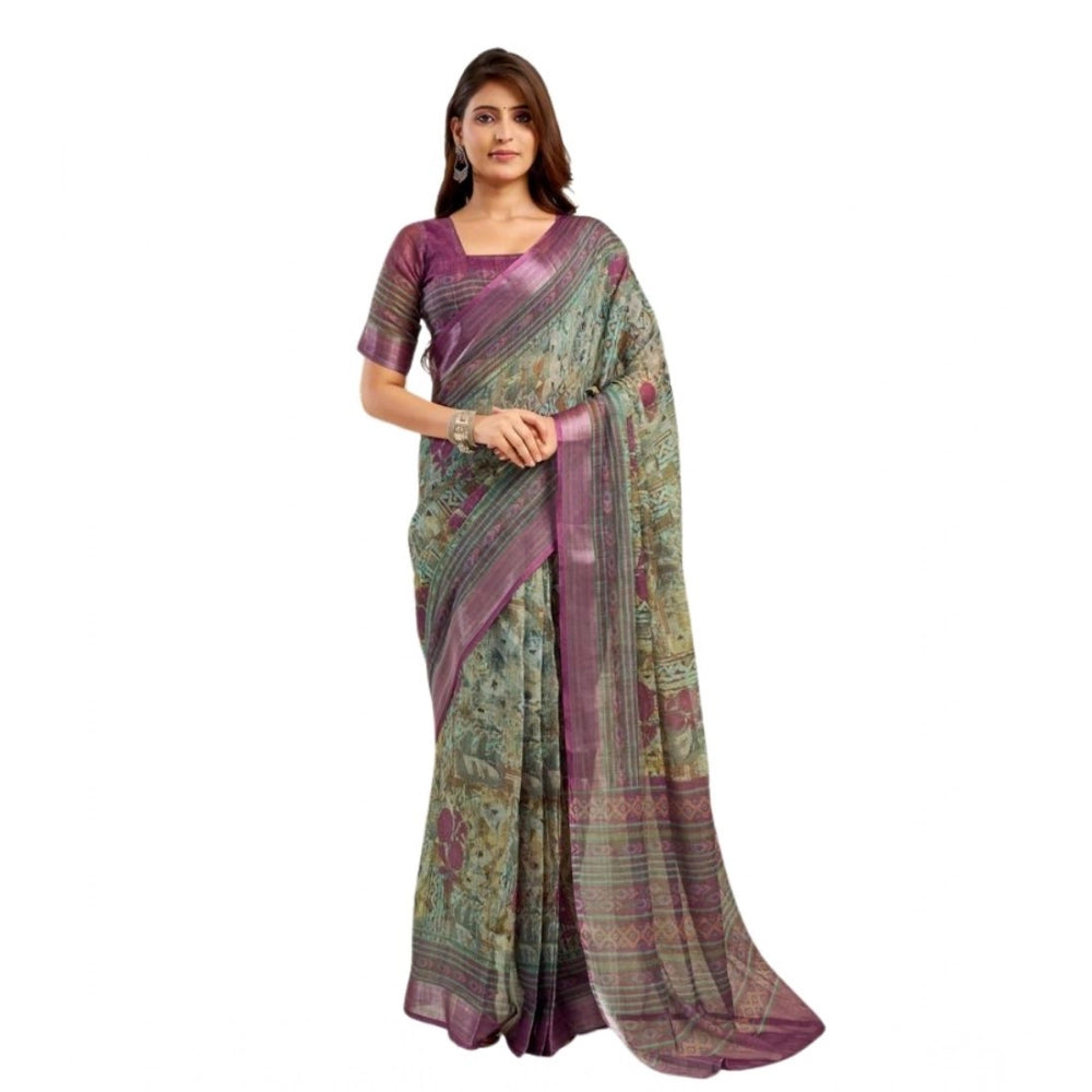 Women's Faux Linen Printed Ready to wear Saree With Unstitched Blouse 5.5Mtr (Multicolor) - VANSHELLE