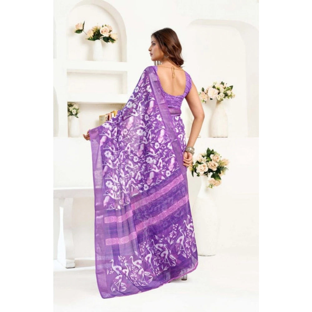 Women's Faux Linen Floral Print Ready to wear Saree With Unstitched Blouse 5.5Mtr (Purple) - VANSHELLE