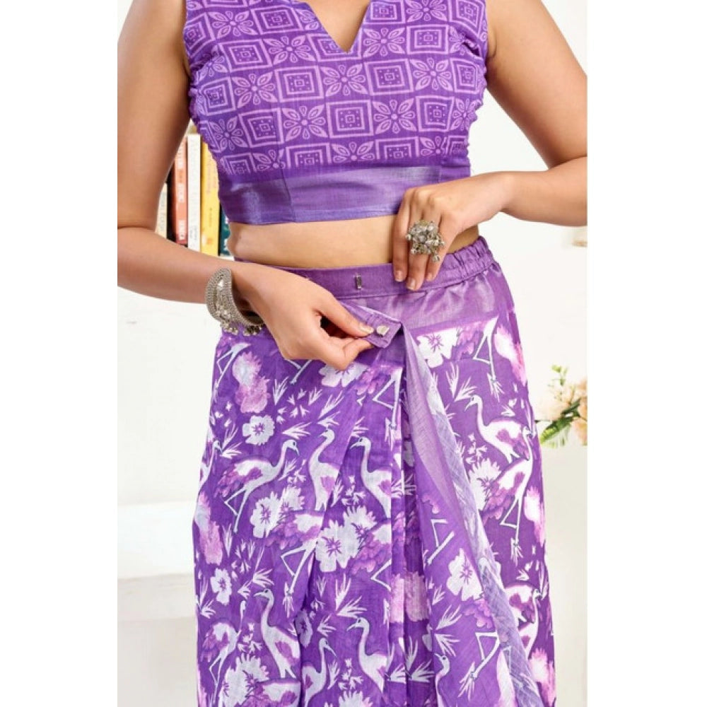 Women's Faux Linen Floral Print Ready to wear Saree With Unstitched Blouse 5.5Mtr (Purple) - VANSHELLE