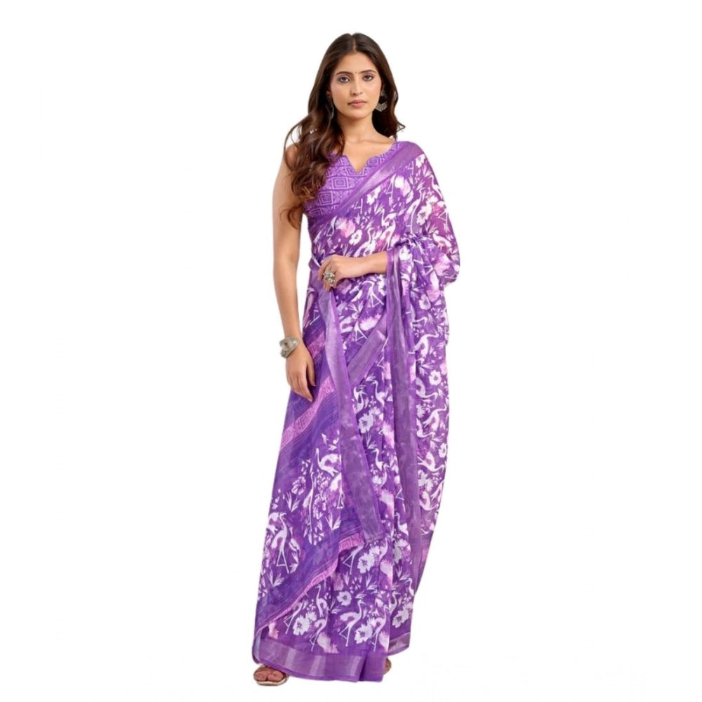 Women's Faux Linen Floral Print Ready to wear Saree With Unstitched Blouse 5.5Mtr (Purple) - VANSHELLE