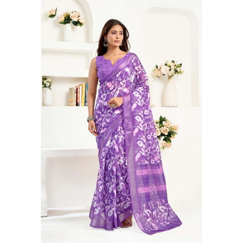 Women's Faux Linen Floral Print Ready to wear Saree With Unstitched Blouse 5.5Mtr (Purple) - VANSHELLE