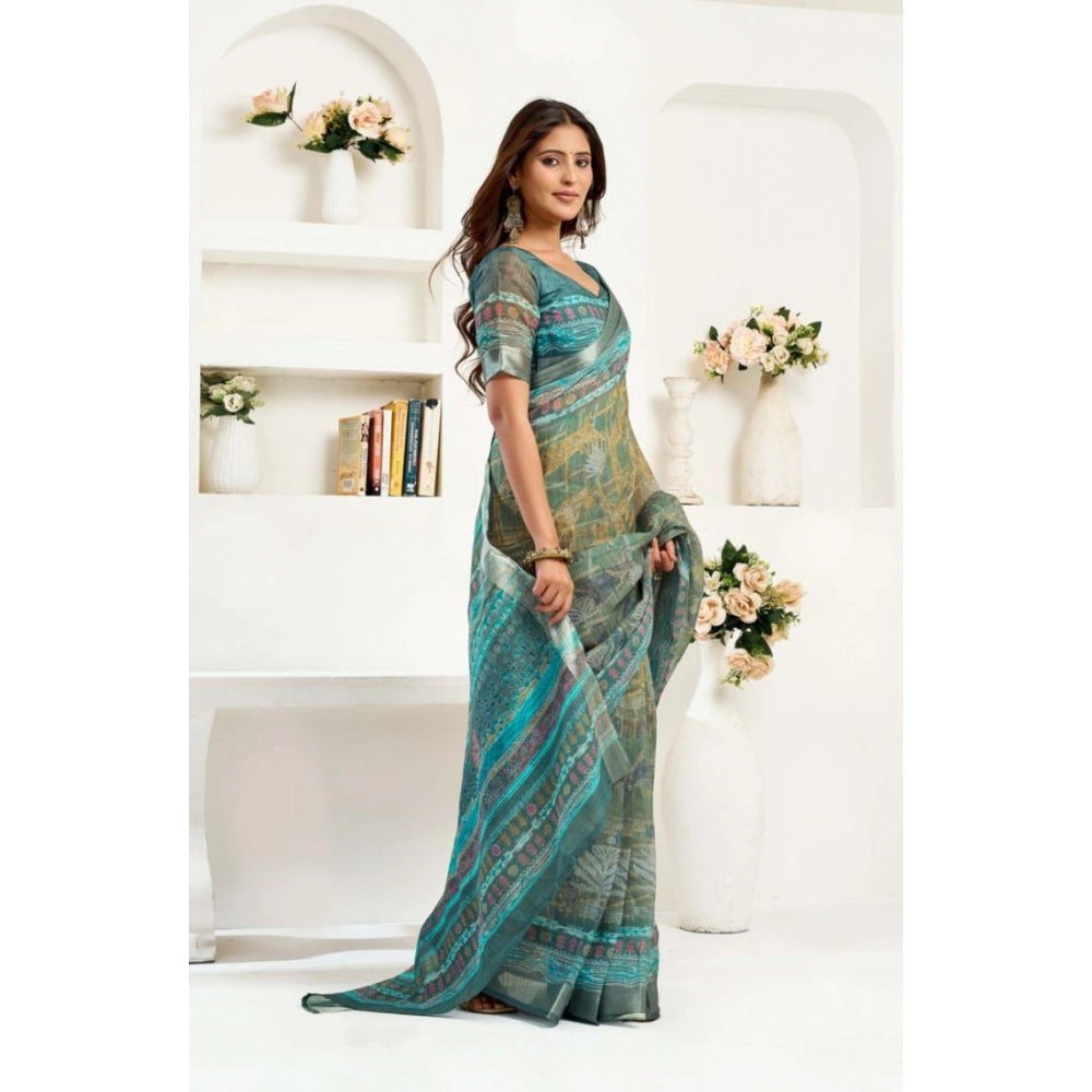 Women's Faux Linen Printed Ready to wear Saree With Unstitched Blouse 5.5Mtr (Multicolor) - VANSHELLE