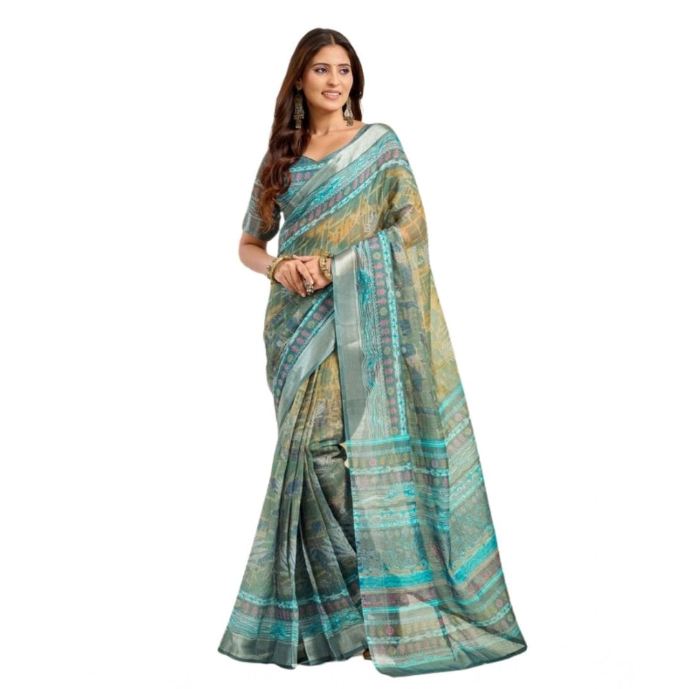 Women's Faux Linen Printed Ready to wear Saree With Unstitched Blouse 5.5Mtr (Multicolor) - VANSHELLE
