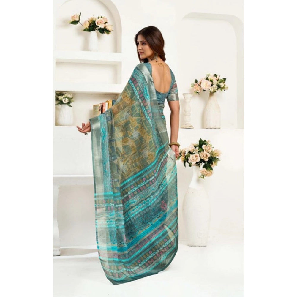 Women's Faux Linen Printed Ready to wear Saree With Unstitched Blouse 5.5Mtr (Multicolor) - VANSHELLE