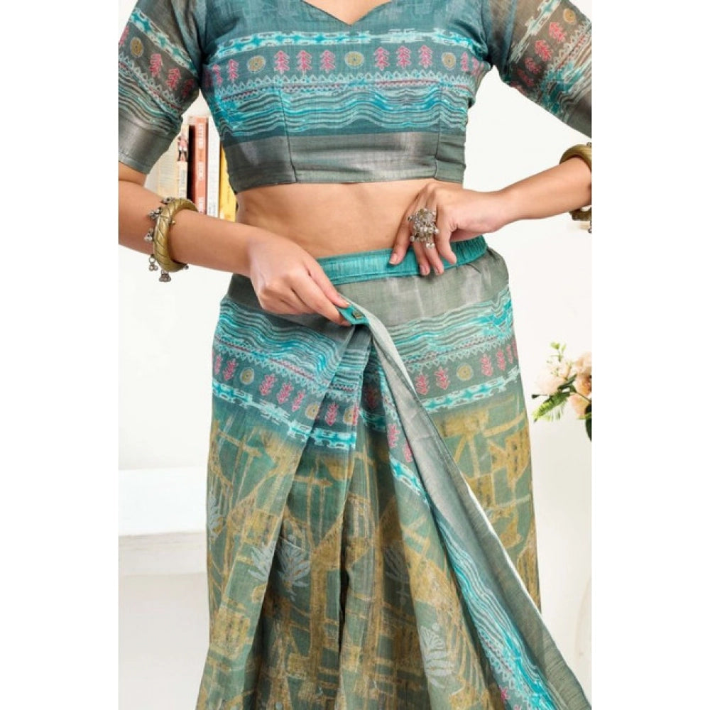 Women's Faux Linen Printed Ready to wear Saree With Unstitched Blouse 5.5Mtr (Multicolor) - VANSHELLE
