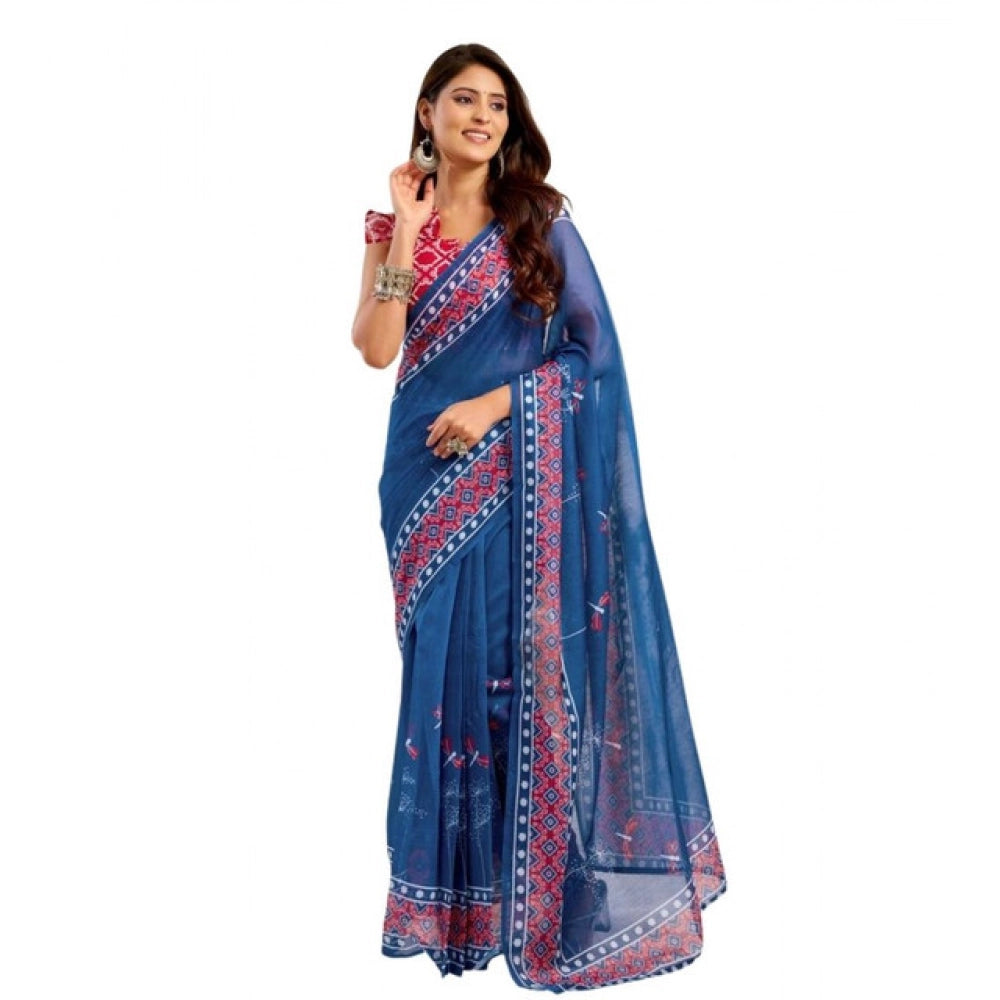 Women's Faux Linen Floral Print Ready to wear Saree With Unstitched Blouse 5.5Mtr (Blue) - VANSHELLE
