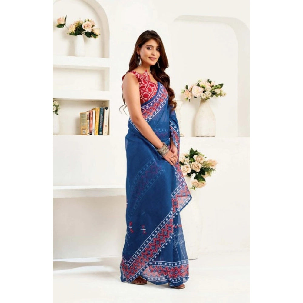 Women's Faux Linen Floral Print Ready to wear Saree With Unstitched Blouse 5.5Mtr (Blue) - VANSHELLE