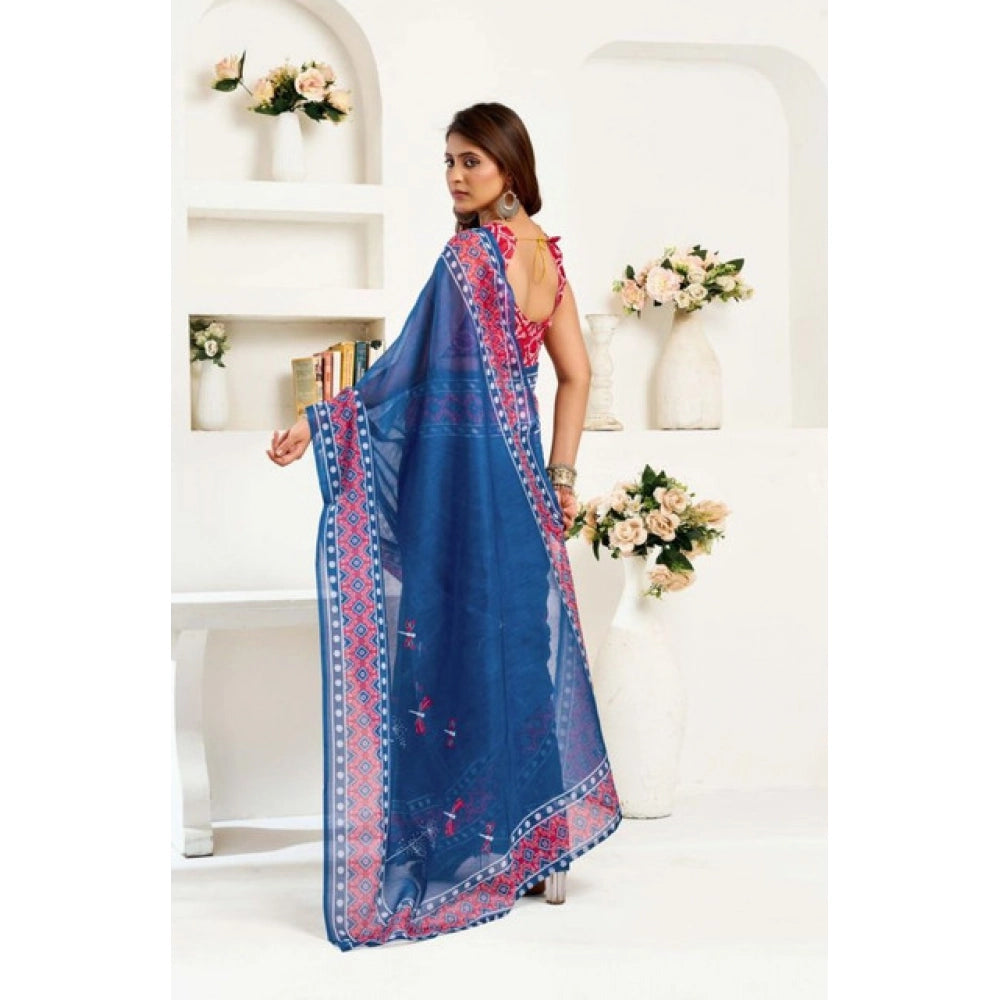 Women's Faux Linen Floral Print Ready to wear Saree With Unstitched Blouse 5.5Mtr (Blue) - VANSHELLE