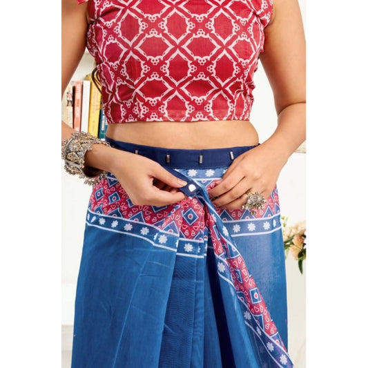 Women's Faux Linen Floral Print Ready to wear Saree With Unstitched Blouse 5.5Mtr (Blue) - VANSHELLE