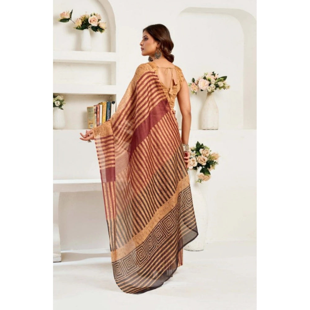 Women's Faux Linen Geometric Print Ready to wear Saree With Unstitched Blouse 5.5Mtr (Brown) - VANSHELLE