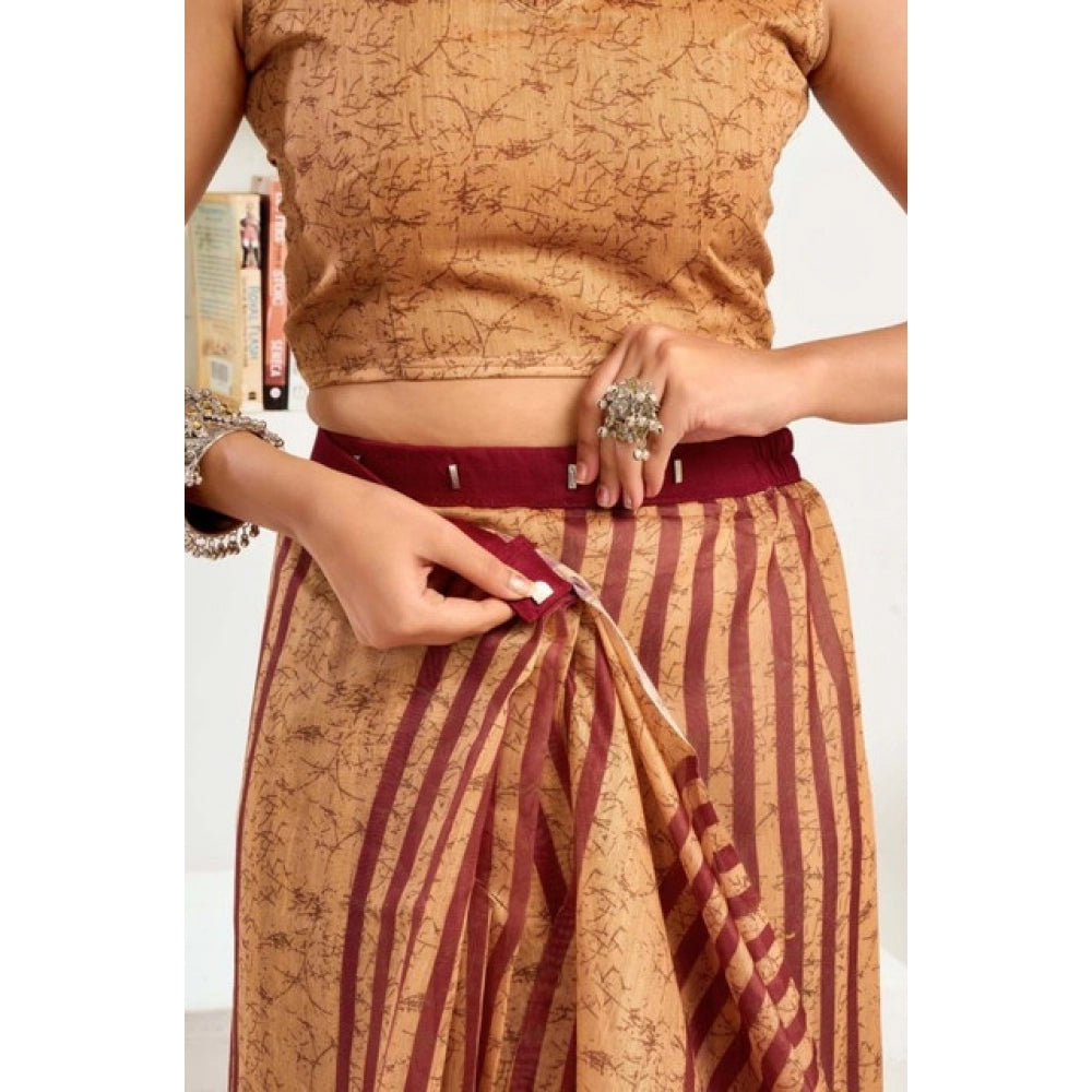 Women's Faux Linen Geometric Print Ready to wear Saree With Unstitched Blouse 5.5Mtr (Brown) - VANSHELLE