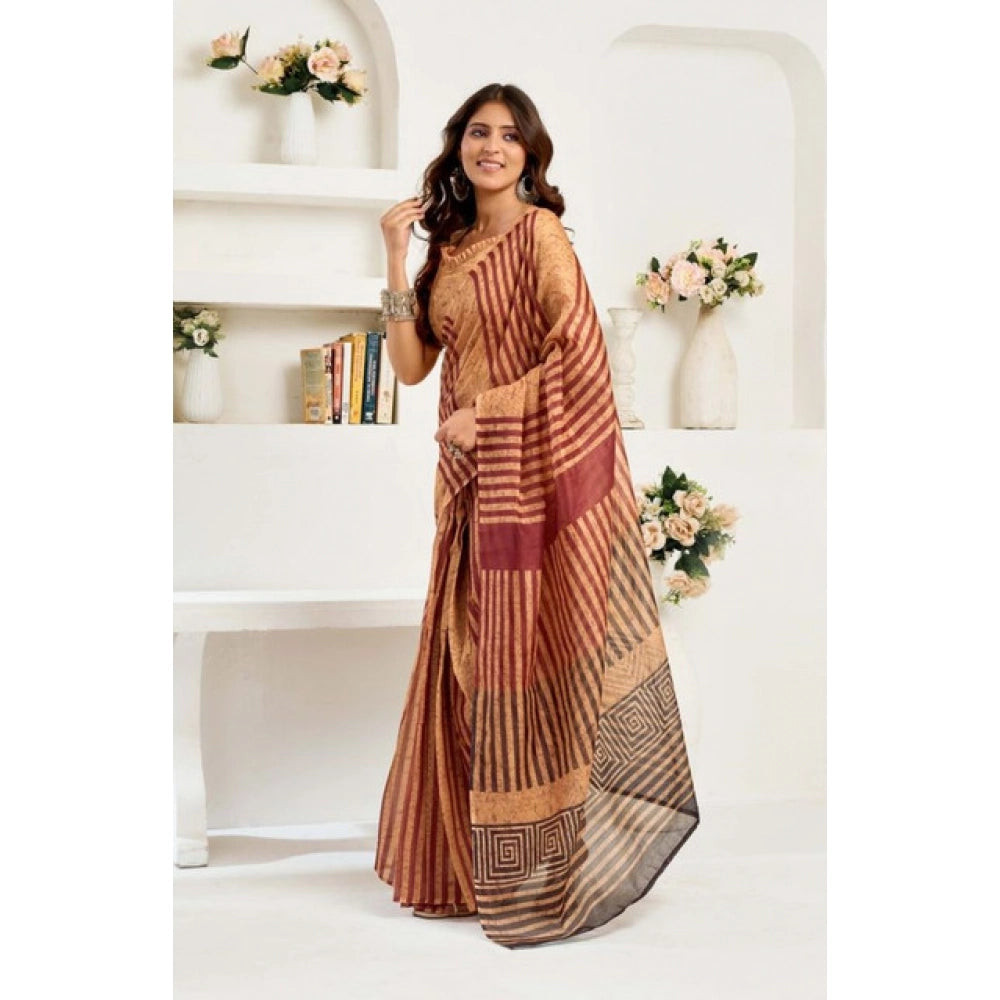Women's Faux Linen Geometric Print Ready to wear Saree With Unstitched Blouse 5.5Mtr (Brown) - VANSHELLE