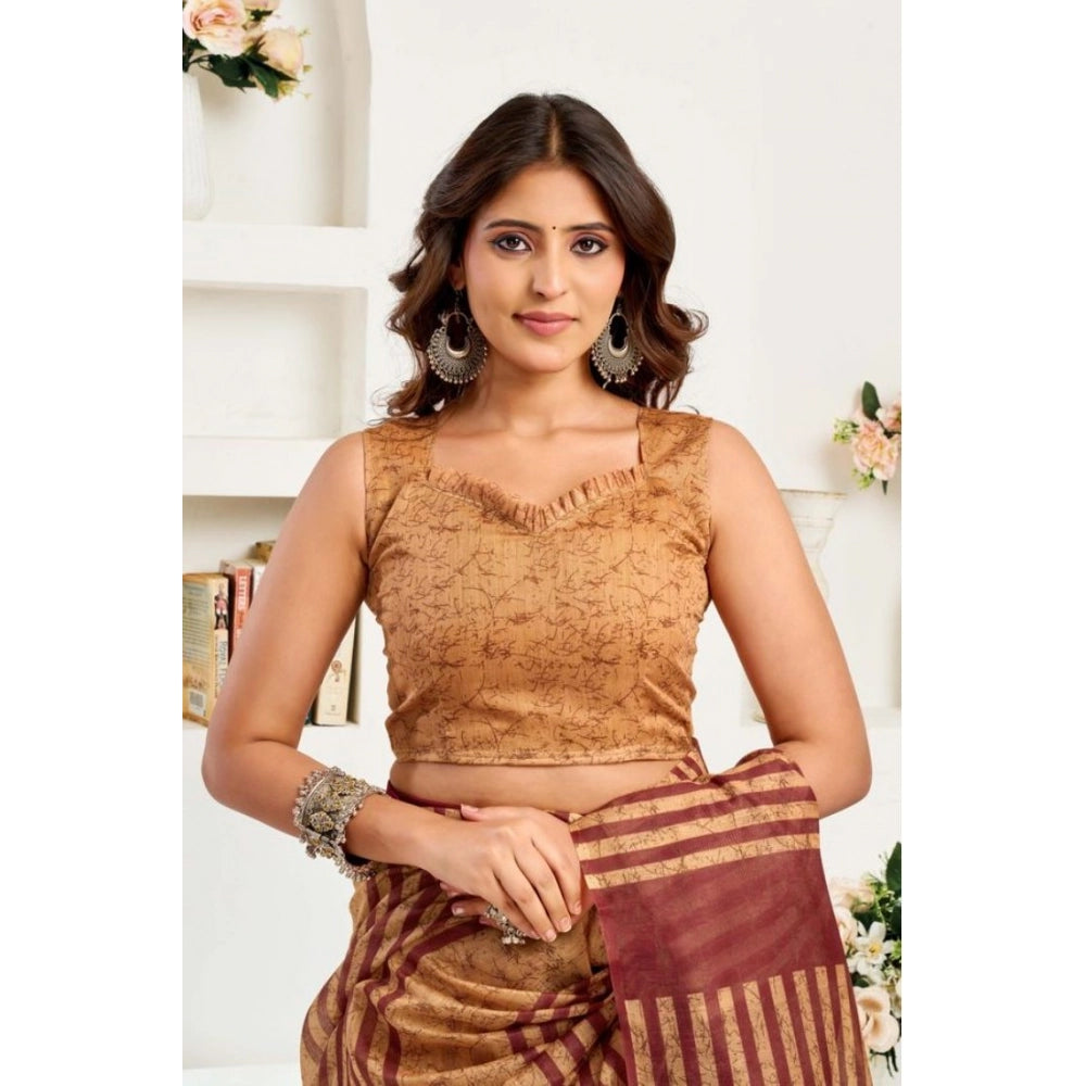 Women's Faux Linen Geometric Print Ready to wear Saree With Unstitched Blouse 5.5Mtr (Brown) - VANSHELLE
