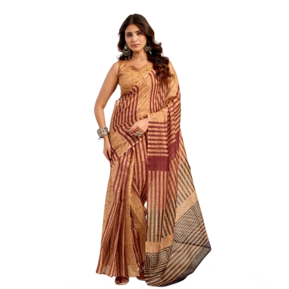 Women's Faux Linen Geometric Print Ready to wear Saree With Unstitched Blouse 5.5Mtr (Brown) - VANSHELLE