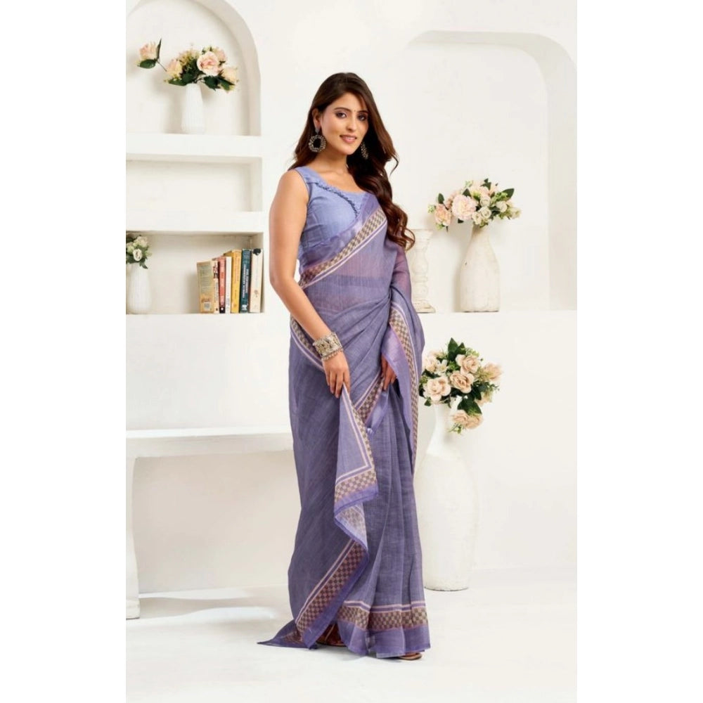 Women's Faux Linen Printed Ready to wear Saree With Unstitched Blouse 5.5Mtr (Light_Lavender) - VANSHELLE