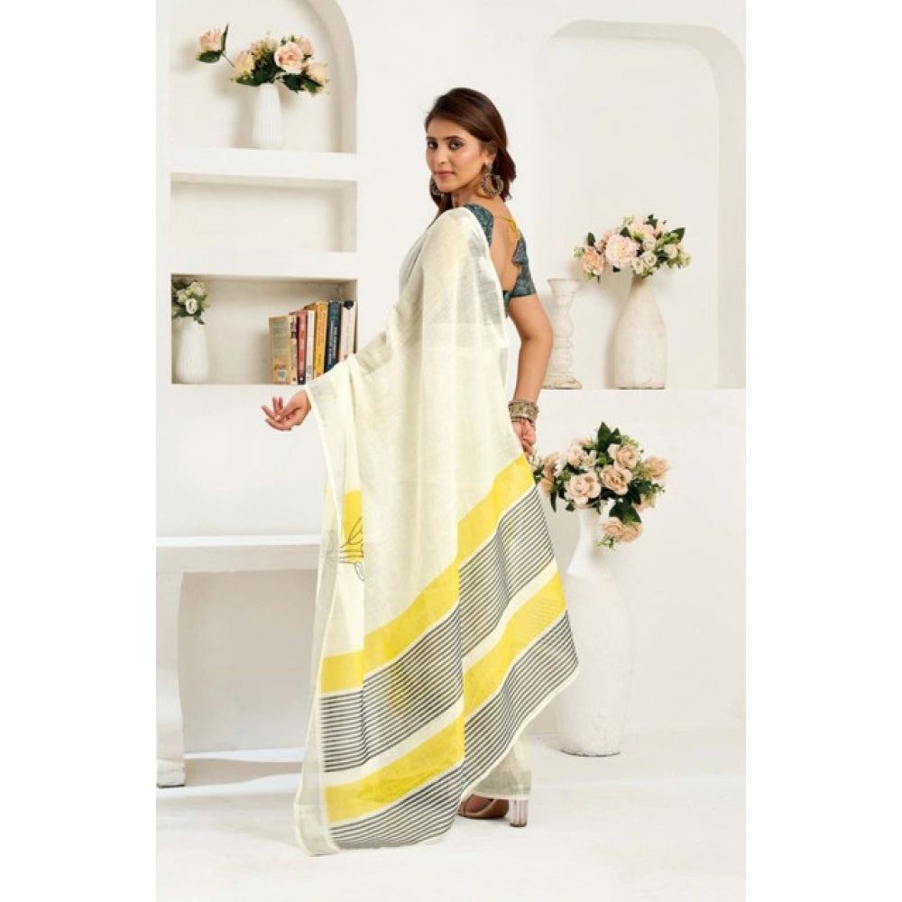Women's Faux Linen Floral Print Ready to wear Saree With Unstitched Blouse 5.5Mtr (Off_White) - VANSHELLE