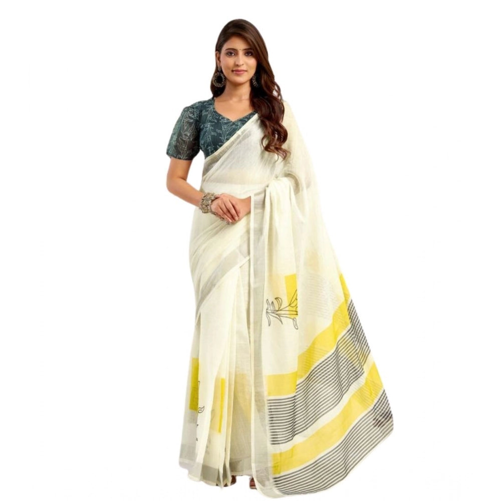 Women's Faux Linen Floral Print Ready to wear Saree With Unstitched Blouse 5.5Mtr (Off_White) - VANSHELLE