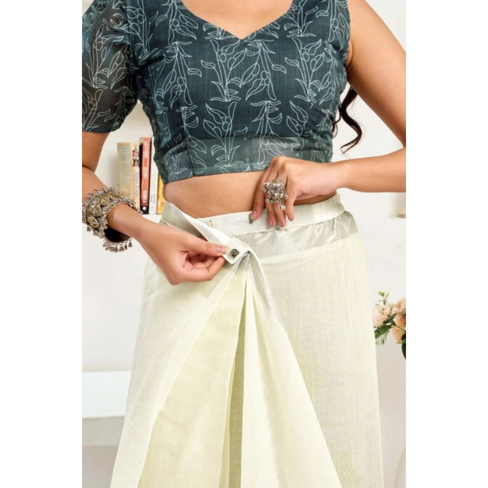 Women's Faux Linen Floral Print Ready to wear Saree With Unstitched Blouse 5.5Mtr (Off_White) - VANSHELLE
