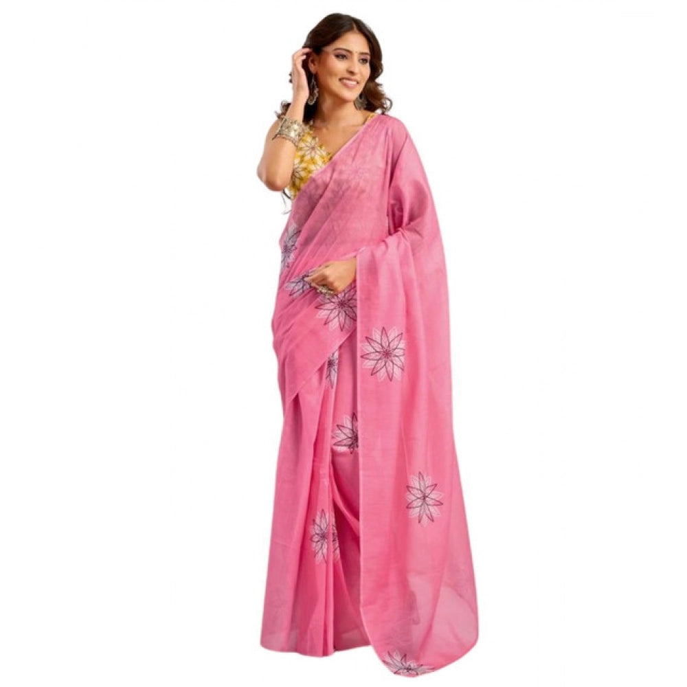 Women's Faux Linen Floral Print Ready to wear Saree With Unstitched Blouse 5.5Mtr (Pink) - VANSHELLE